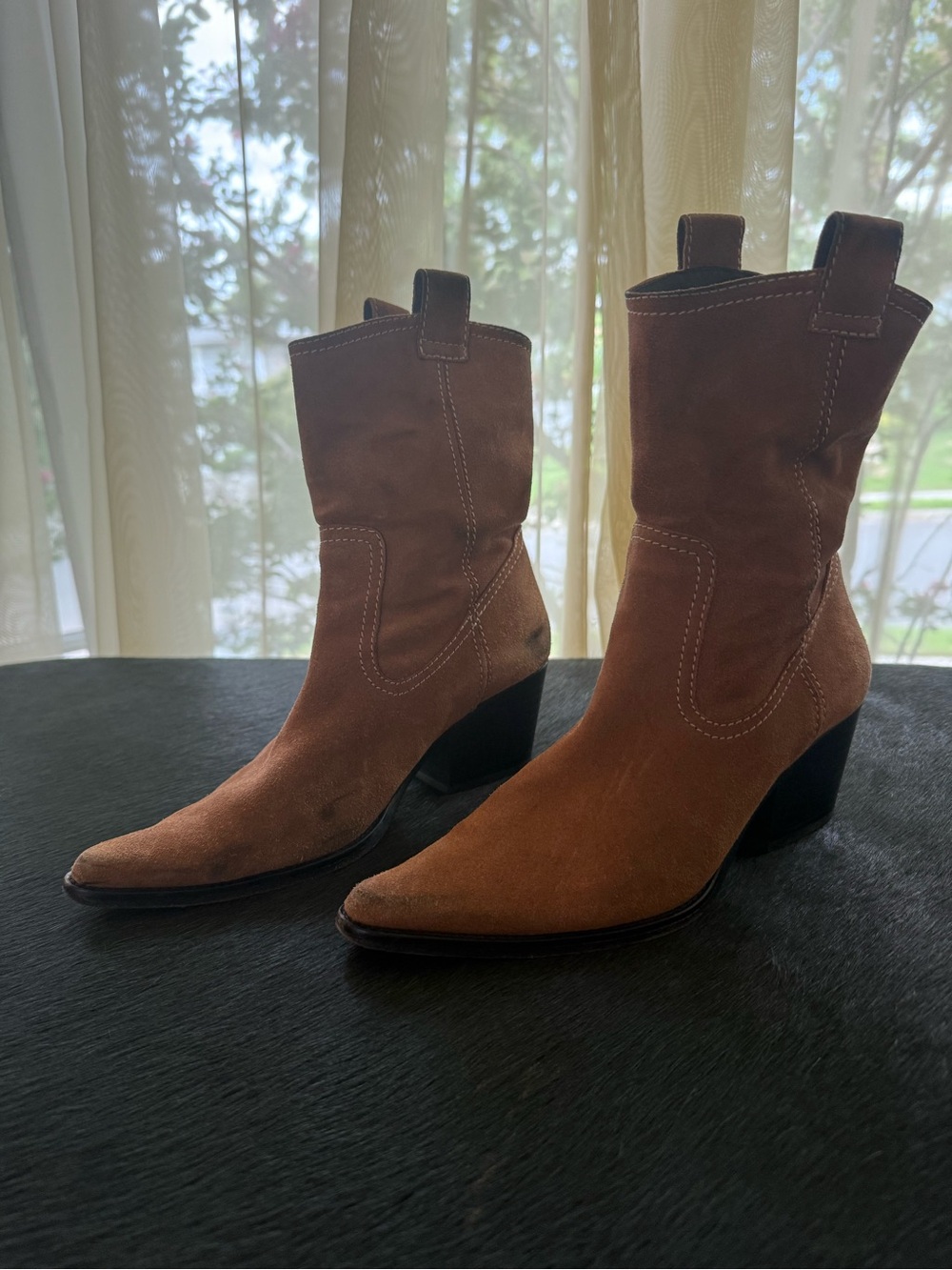STAUD Brown Suede Western Heeled Ankle Boots